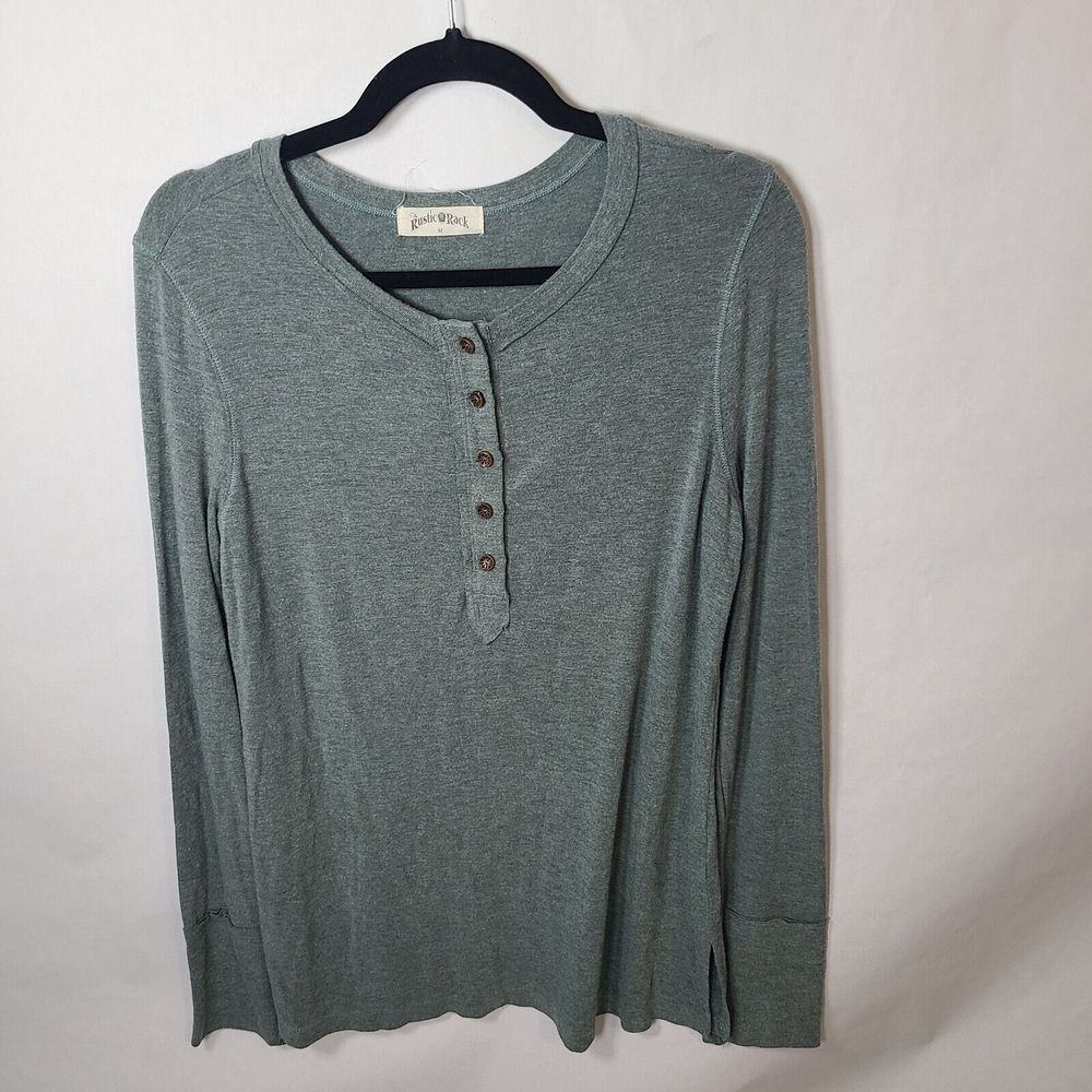 Rustic Rack Women's Medium Long Sleeve Green Shirt Casual 1/4 Button Up‎